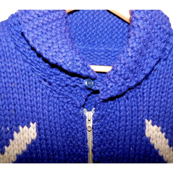 Vintage 50s 60s Cowichan cardigan Blue Whale Fish Wool Full Zip Sweater Jacket M - Picture 3 of 11